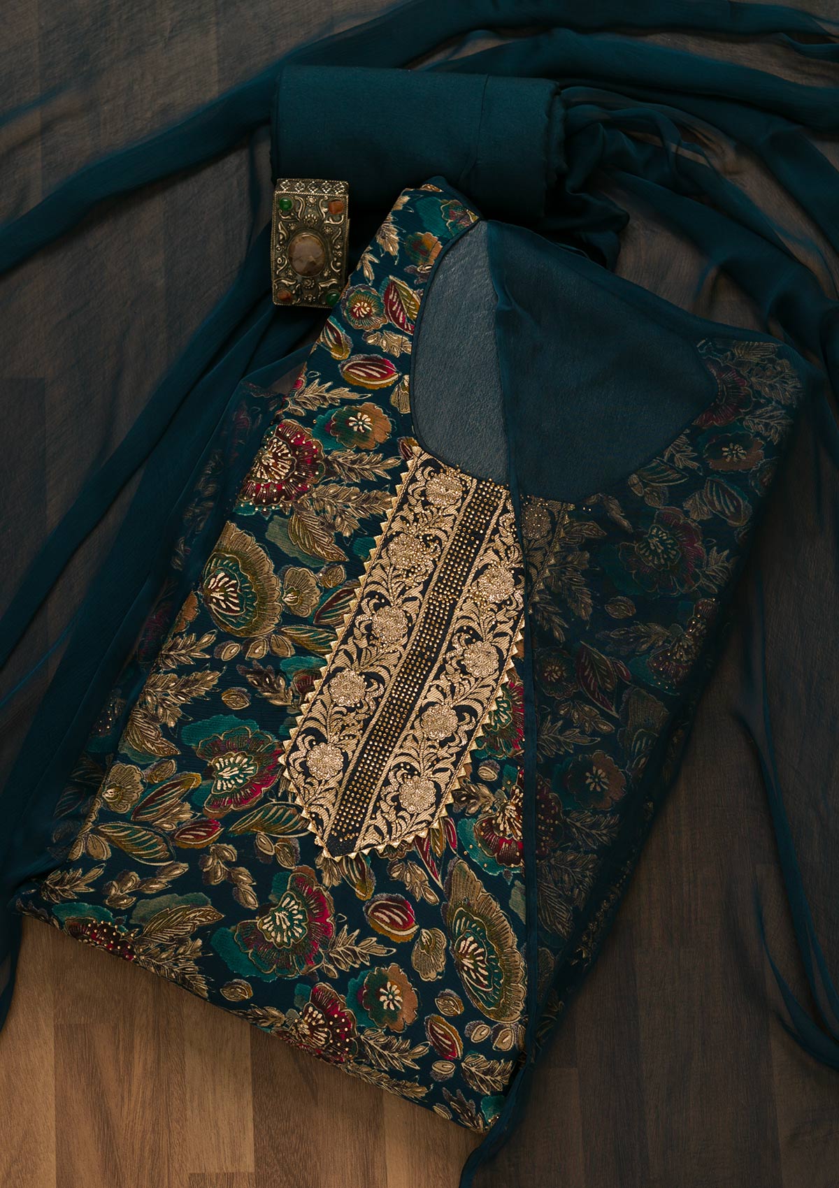Peacock Blue Swarovski Semi Crepe Unstitched Salwar Suit-Koskii