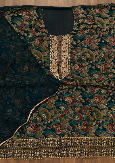 Peacock Blue Swarovski Semi Crepe Unstitched Salwar Suit-Koskii