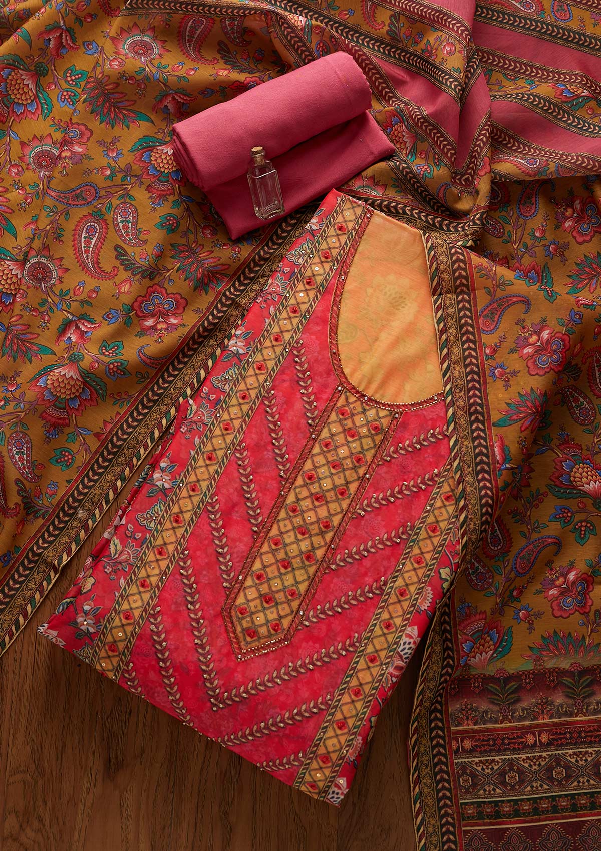 Pink Cutdana Art Silk Designer Unstitched Salwar Suit - koskii
