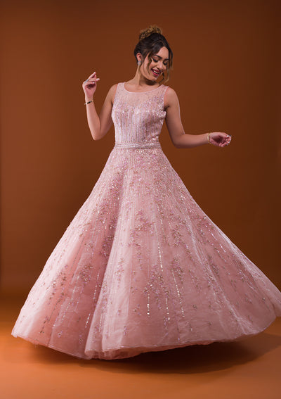 Pink Cutdana Net Designer Gown-Koskii
