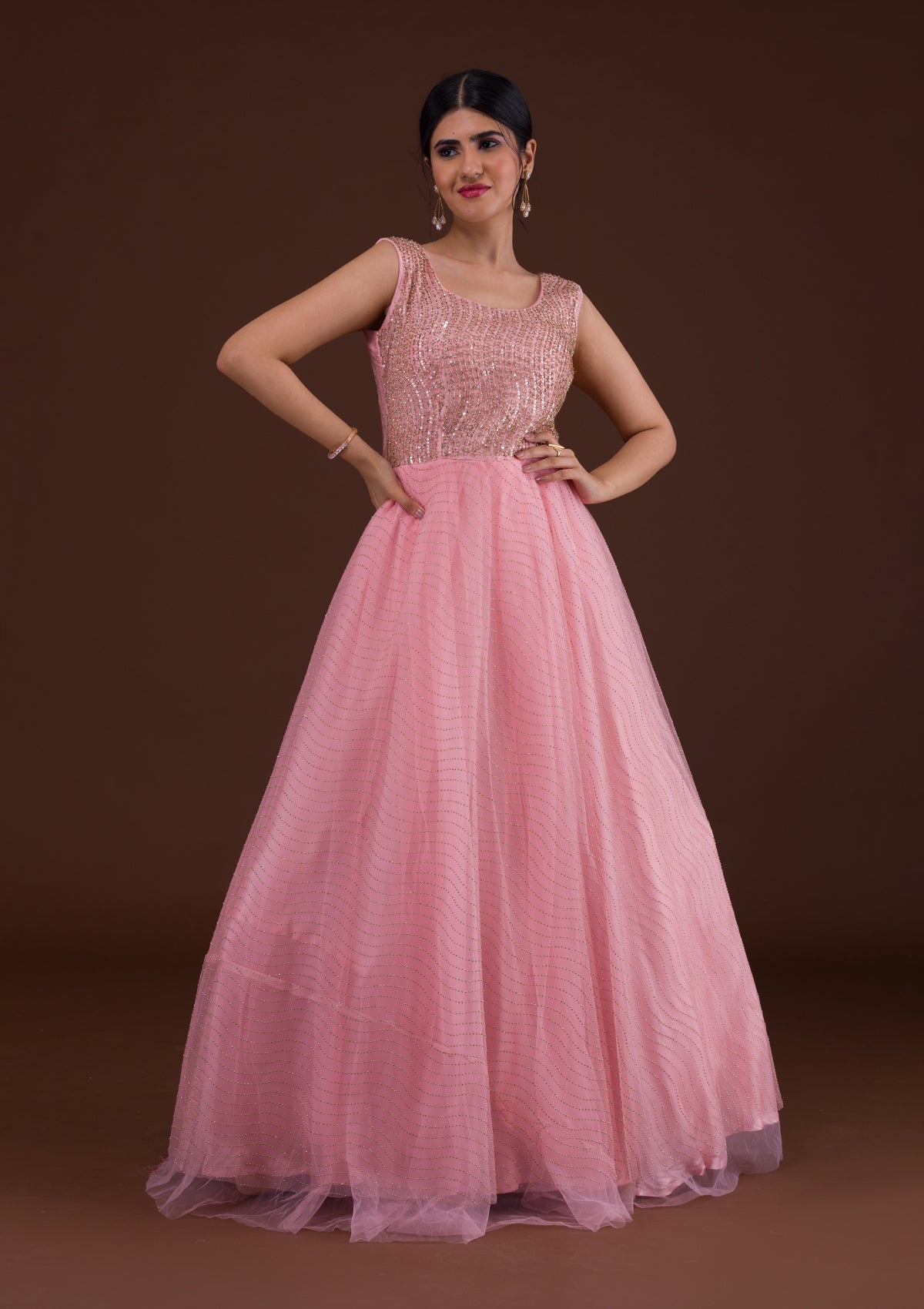 Designer Peach Net Gown | Party gowns online, Party wear long gowns, Net  gowns