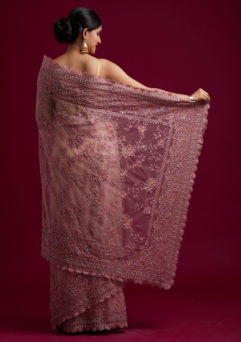 Pink Cutdana Net Designer Saree - koskii