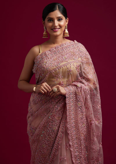 Pink Cutdana Net Designer Saree - koskii