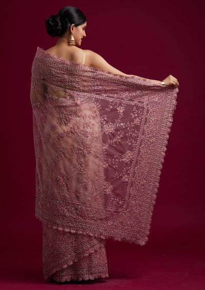 Pink Cutdana Net Designer Saree - koskii