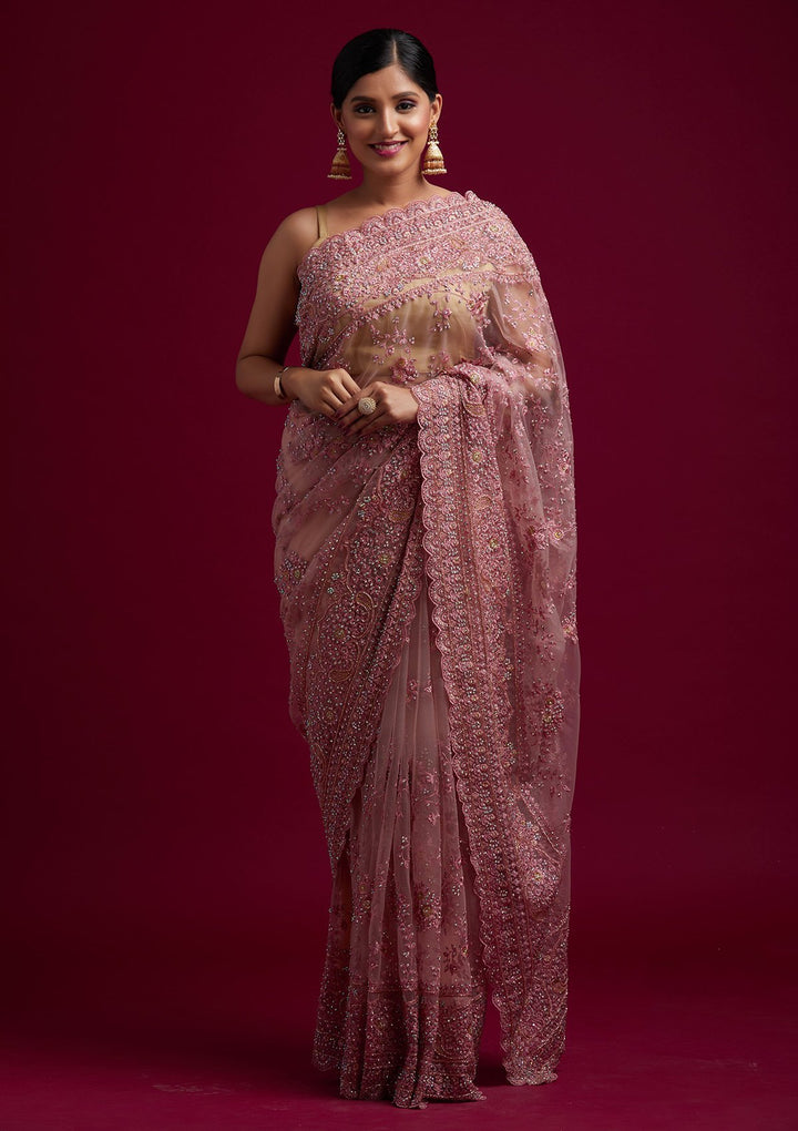 Pink Cutdana Net Designer Saree - koskii