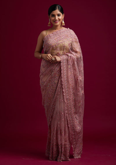Pink Cutdana Net Designer Saree - koskii