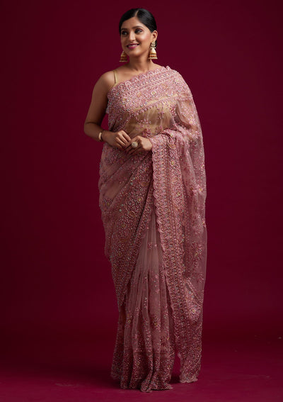 Pink Cutdana Net Designer Saree - koskii