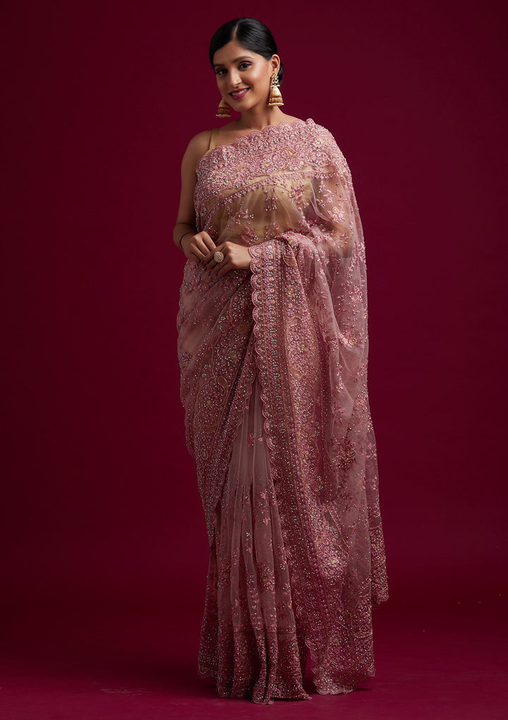 Pink Cutdana Net Designer Saree - koskii