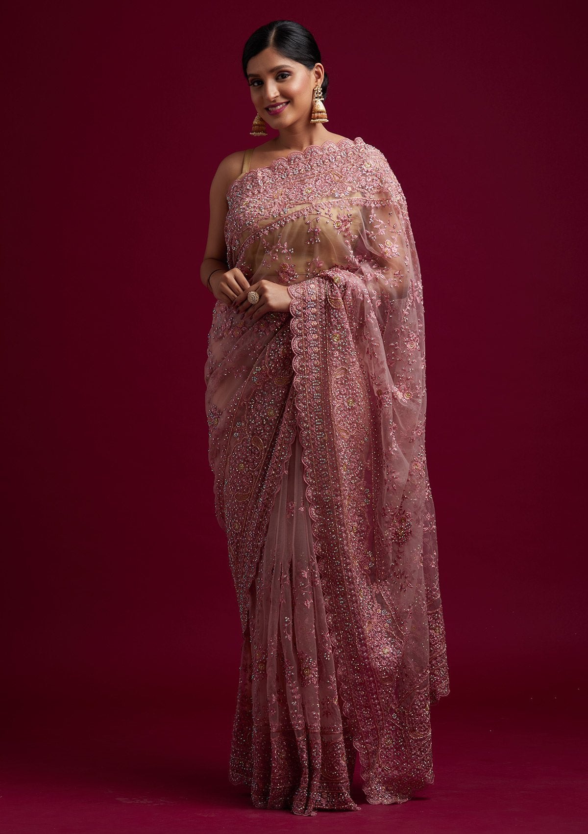 Pink Cutdana Net Designer Saree - koskii