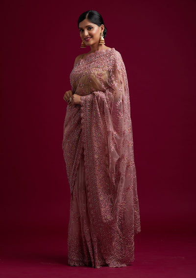 Pink Cutdana Net Designer Saree - koskii