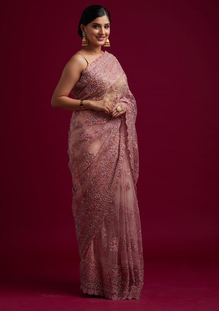 Pink Cutdana Net Designer Saree - koskii