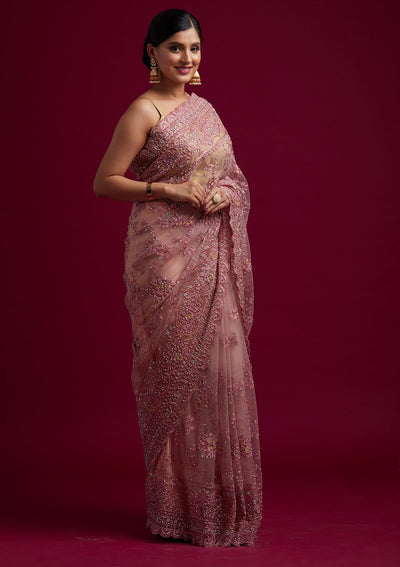 Pink Cutdana Net Designer Saree - koskii