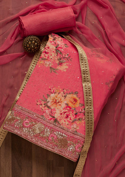 Pink Cutdana Semi Crepe Unstitched Salwar Suit- Koskii