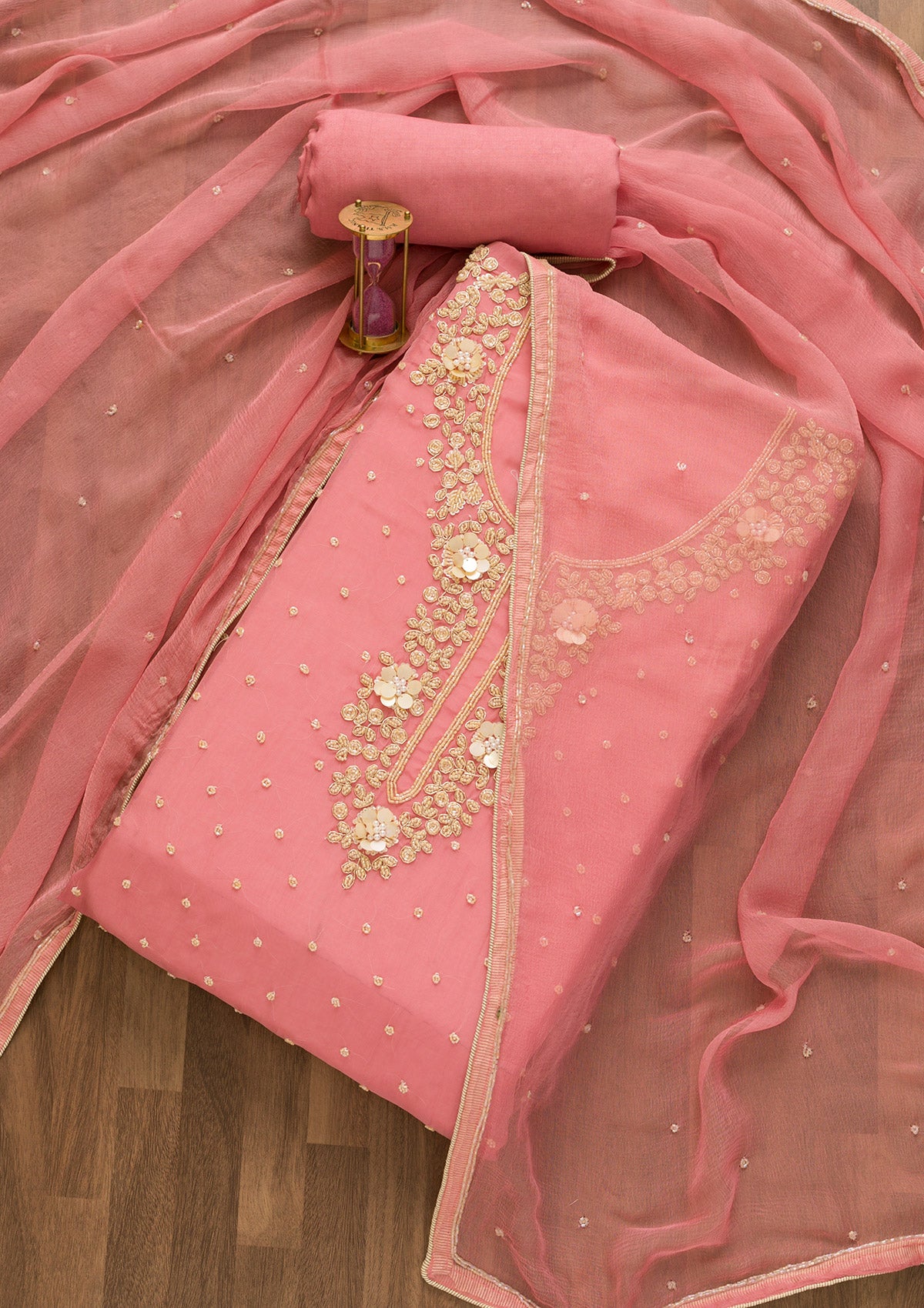 Pink Cutdana Organza Unstitched Salwar Suit-Koskii