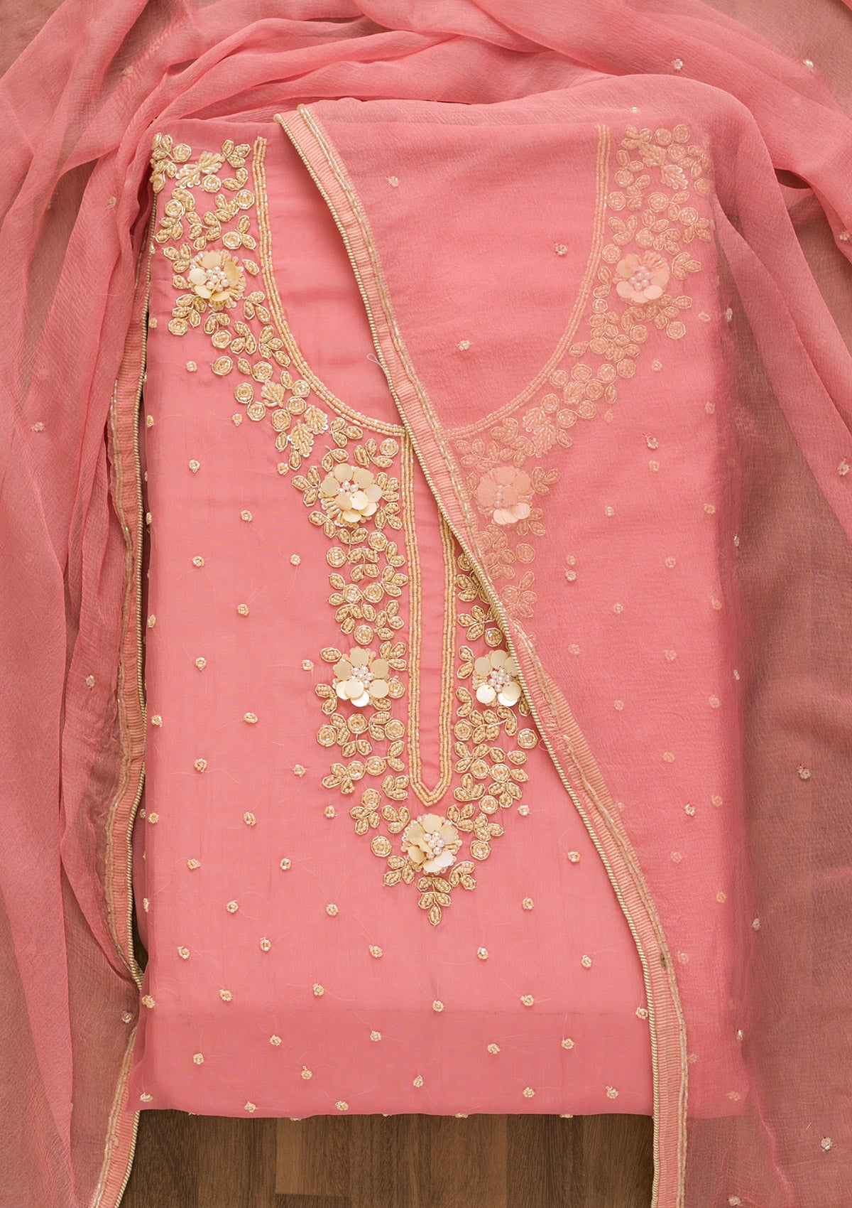 Pink Cutdana Organza Unstitched Salwar Suit-Koskii