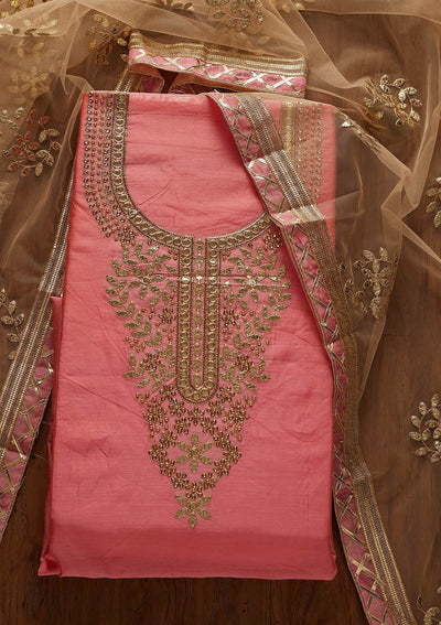 Pink Gotapatti Chanderi Designer Unstitched Salwar Suit - koskii