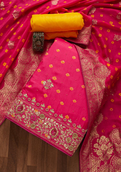 Pink Gotapatti Semi Crepe Unstitched Salwar Suit-Koskii