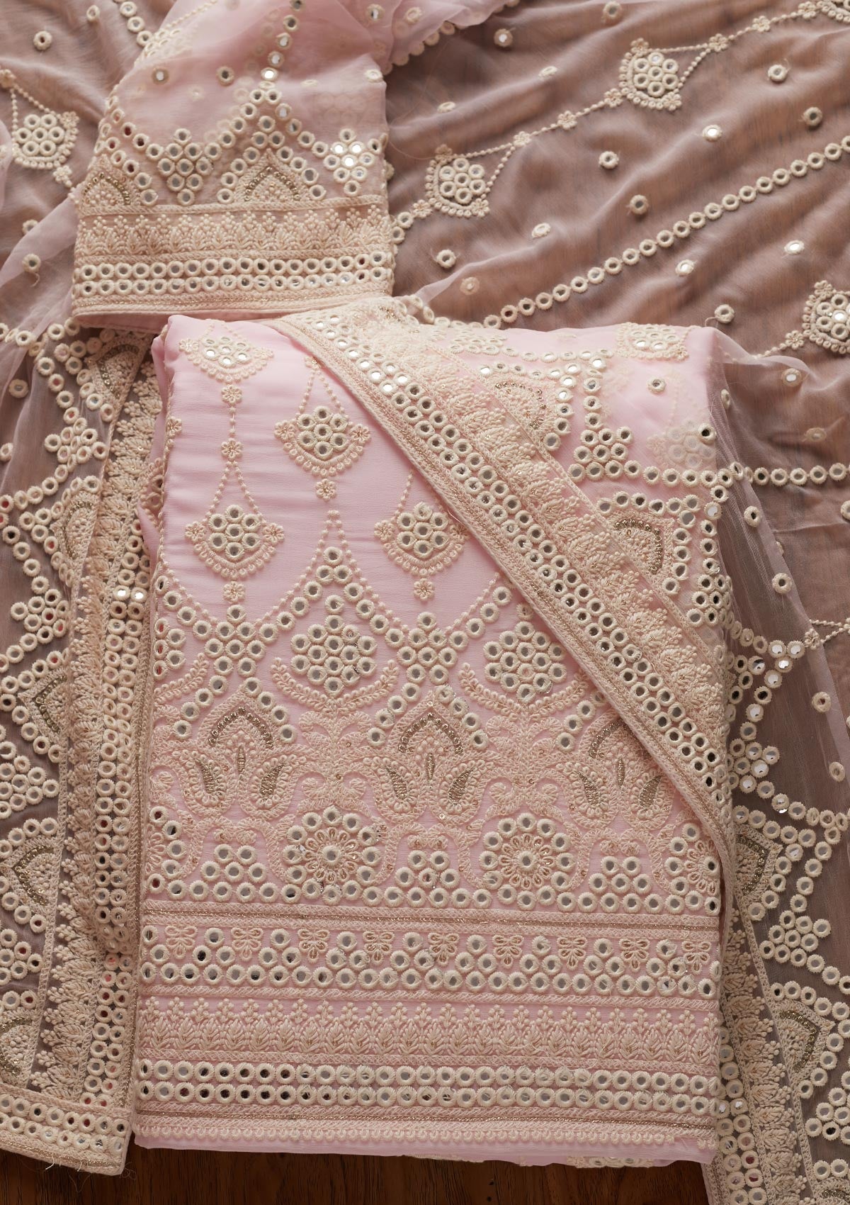 Pink Mirrorwork Georgette Designer Unstitched Salwar Suit - koskii