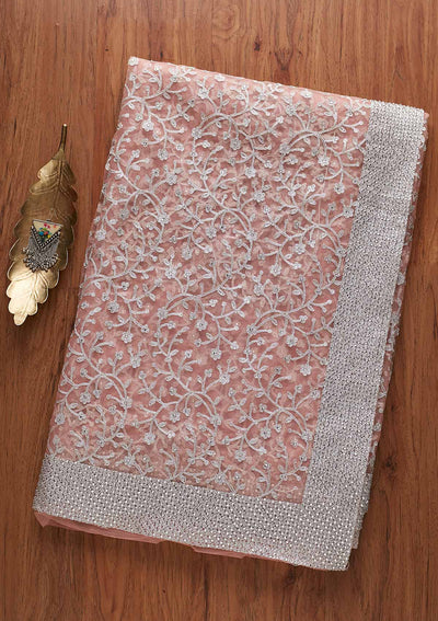 Pink Silver Zariwork Net Designer Saree - koskii