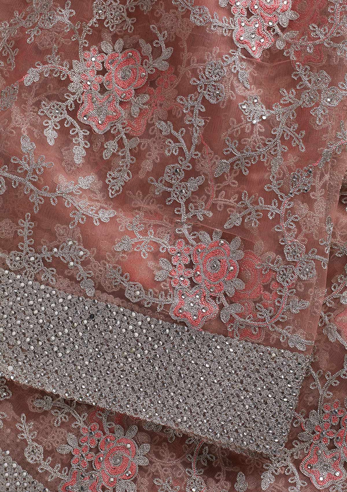 Pink Silver Zariwork Net Designer Saree - koskii