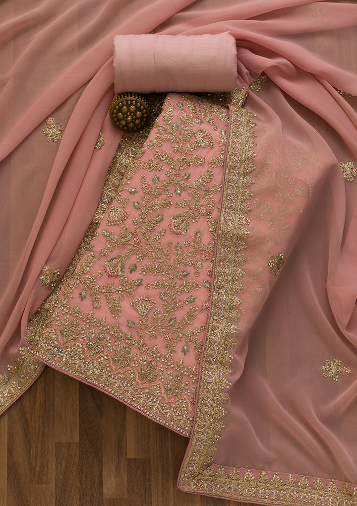 Pink Pearlwork Georgette Unstitched Salwar Suit-Koskii