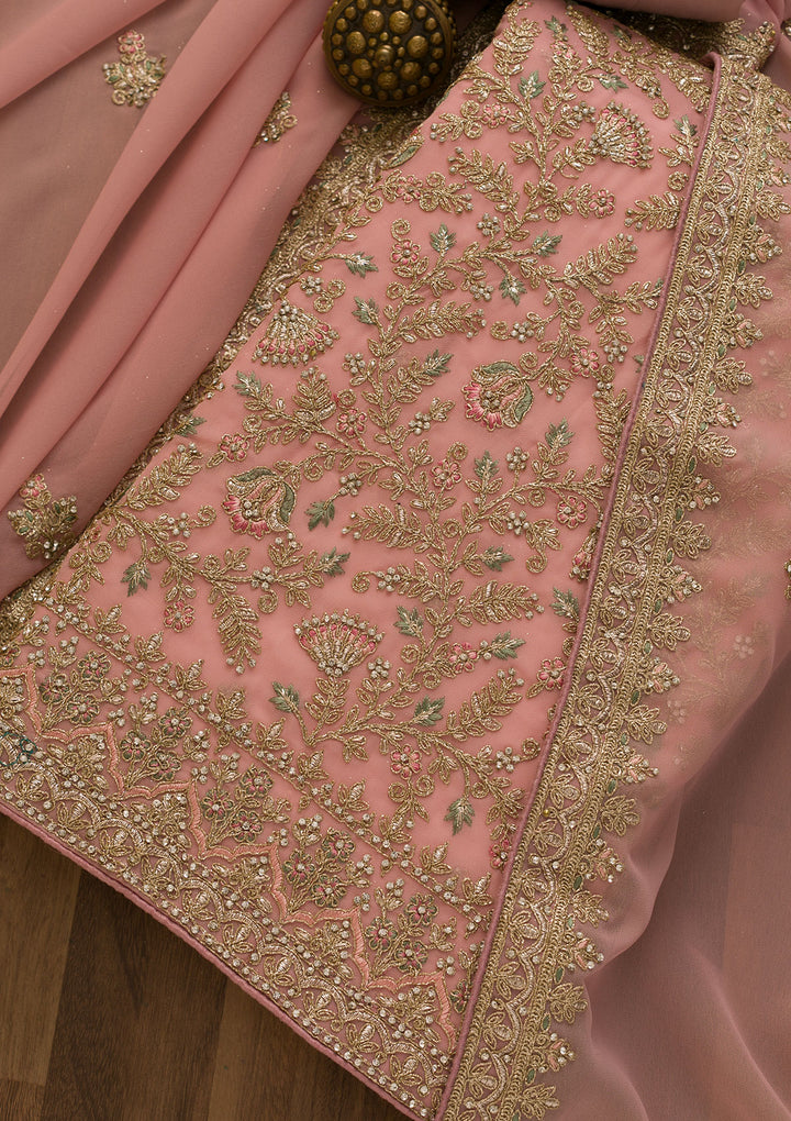 Pink Pearlwork Georgette Unstitched Salwar Suit-Koskii