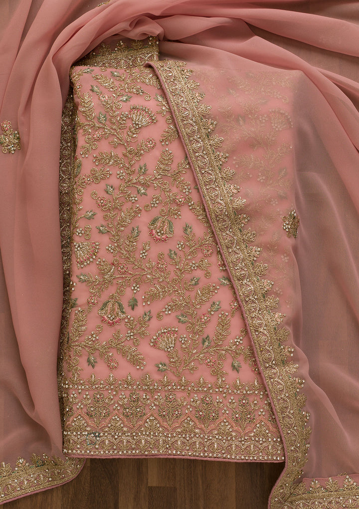 Pink Pearlwork Georgette Unstitched Salwar Suit-Koskii