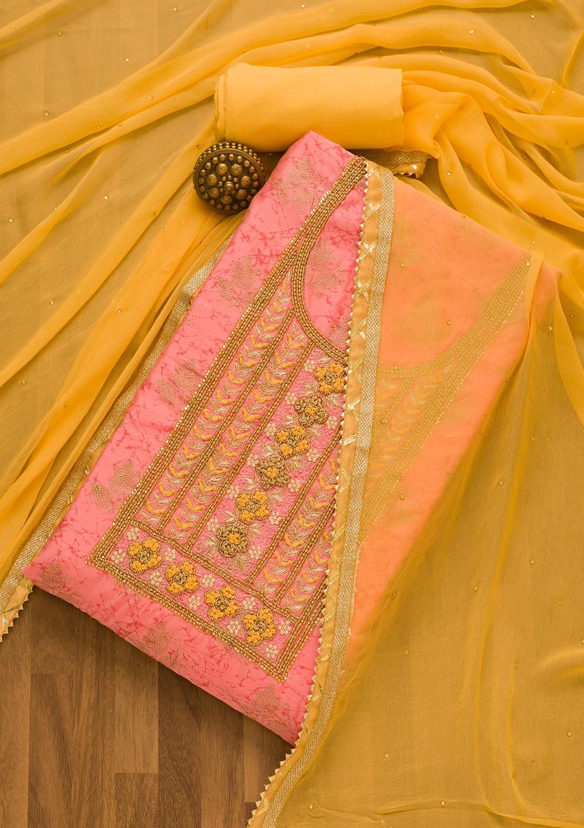 Pink Pearlwork Semi Crepe Unstitched Salwar Suit-Koskii