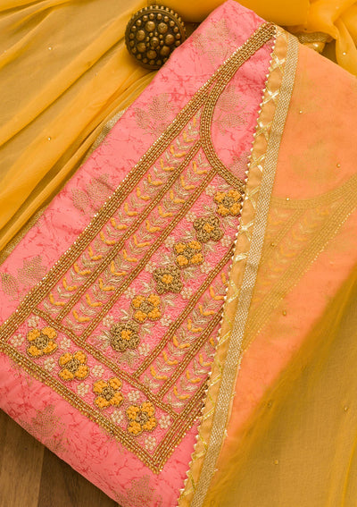 Pink Pearlwork Poly Chanderi Unstitched Salwar Suit-Koskii