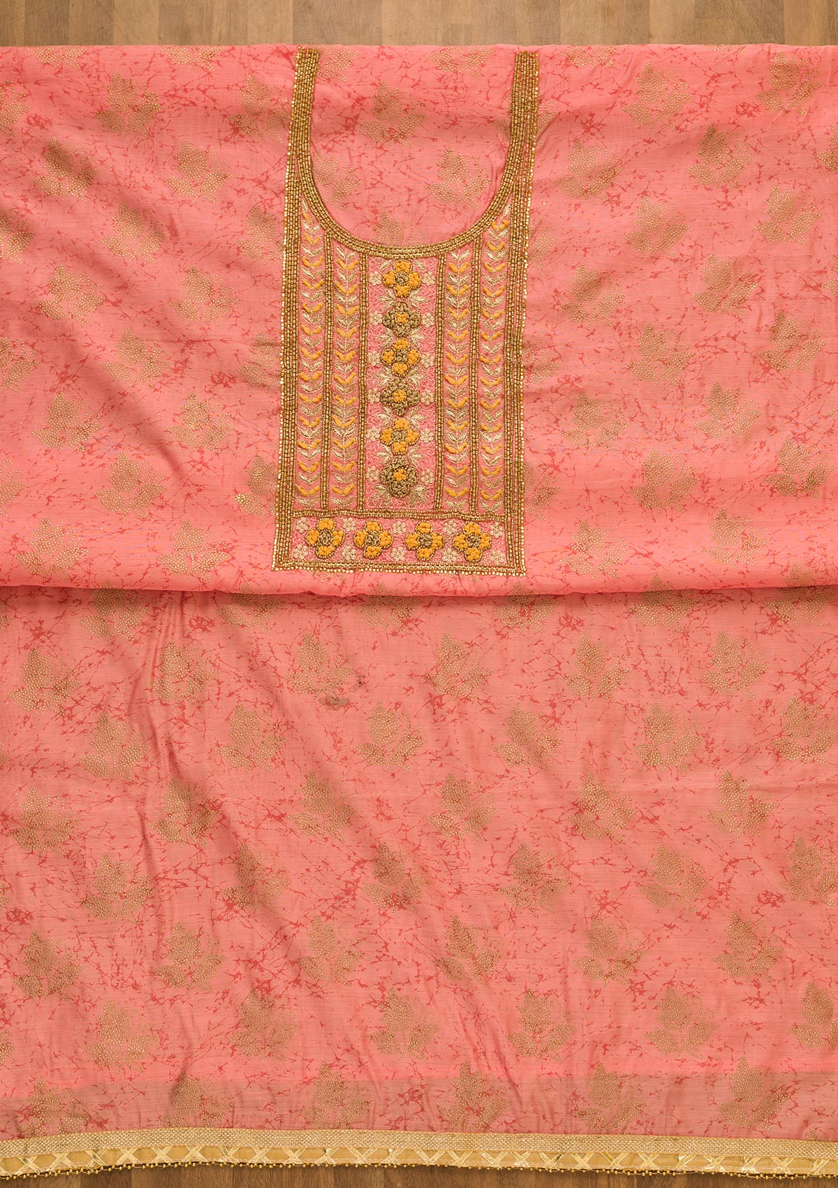 Pink Pearlwork Poly Chanderi Unstitched Salwar Suit-Koskii
