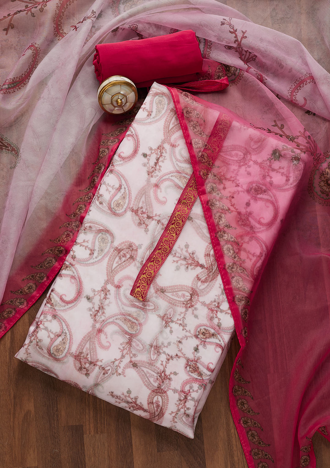 Pink Print Tissue Unstitched Salwar Suit-Koskii