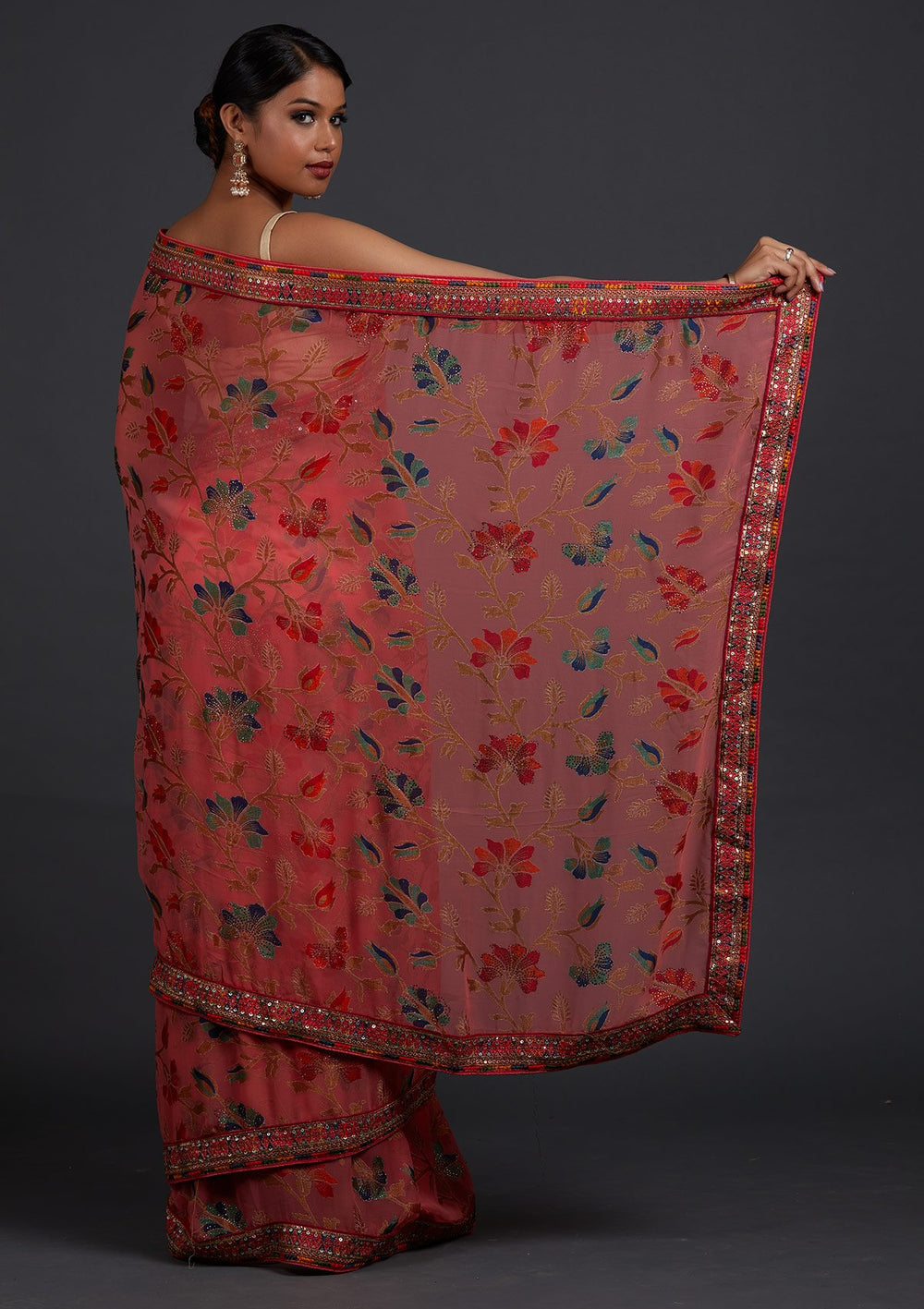 Pink Sequins Georgette Designer Saree - Koskii