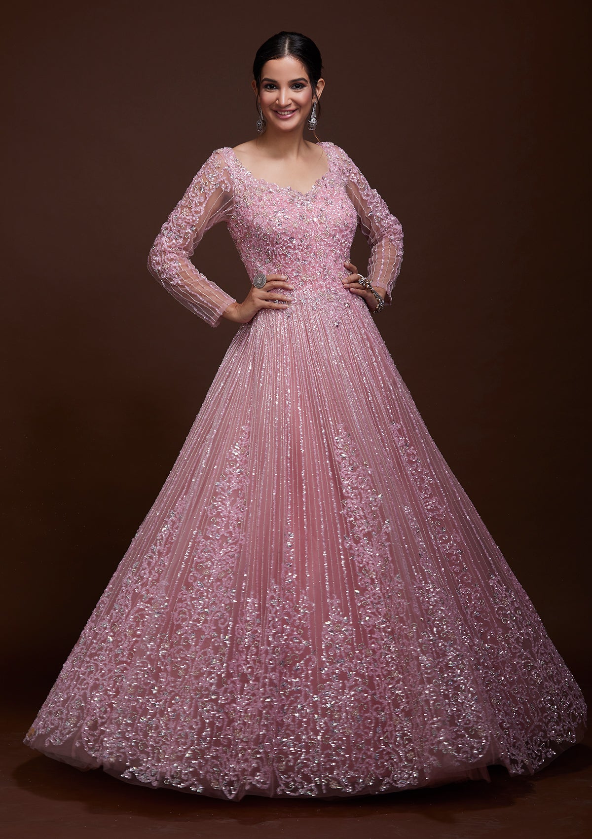 Pink Sequins Net Gown-Koskii