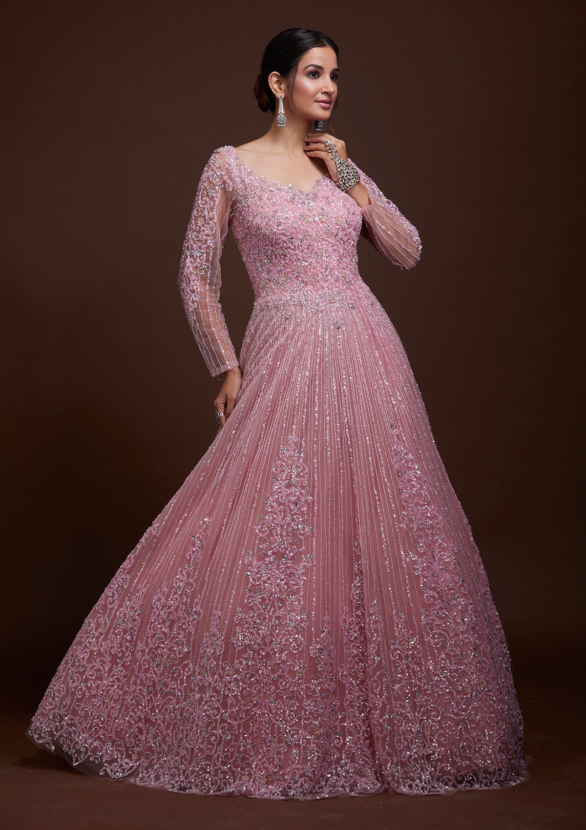 Pink Sequins Net Gown-Koskii