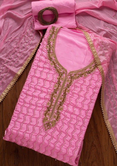 Pink Sequins Semi Crepe Designer Unstitched Salwar Suit - koskii