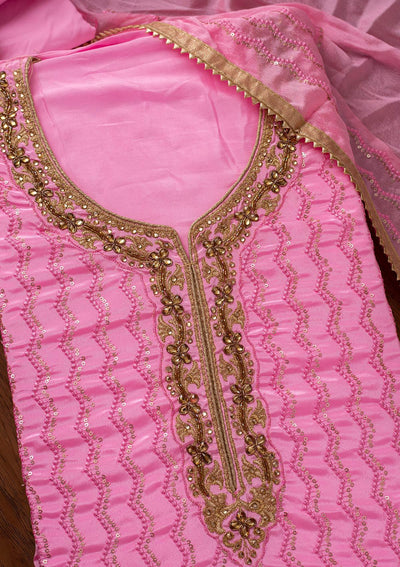 Pink Sequins Semi Crepe Designer Unstitched Salwar Suit - koskii