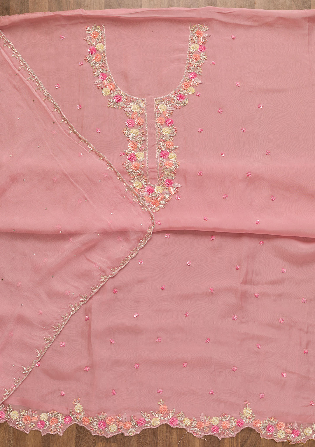 Pink Sequins Organza Unstitched Salwar Suit-Koskii