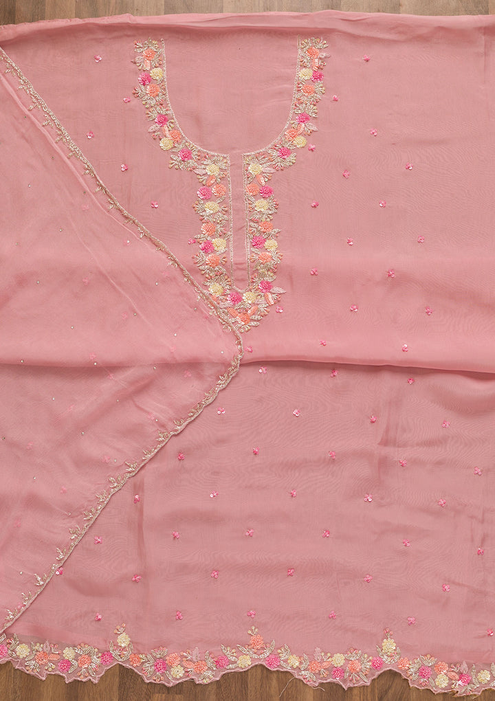 Pink Sequins Organza Unstitched Salwar Suit-Koskii