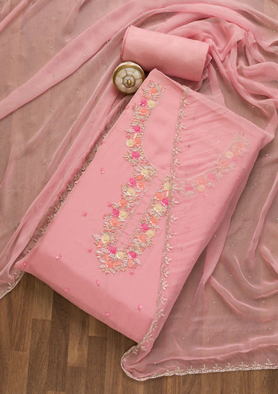 Pink Sequins Organza Unstitched Salwar Suit-Koskii