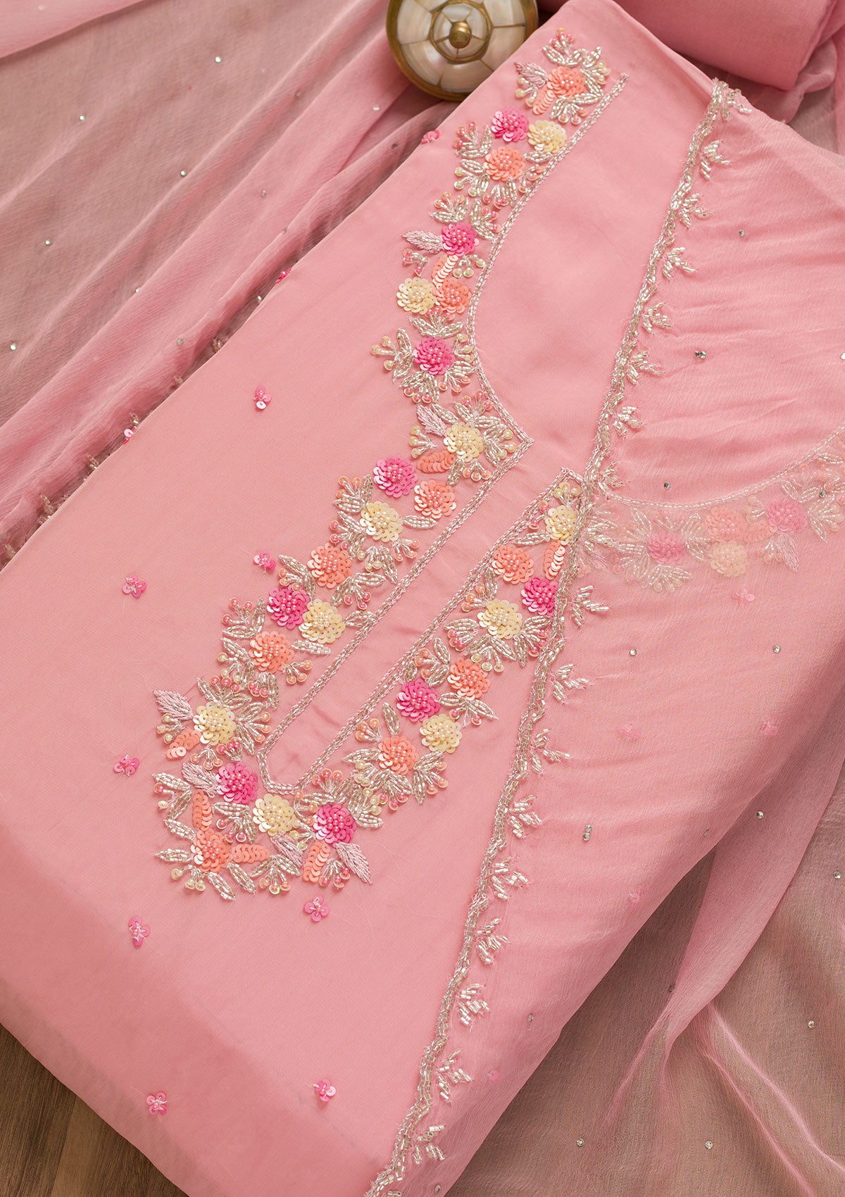 Pink Sequins Organza Unstitched Salwar Suit-Koskii