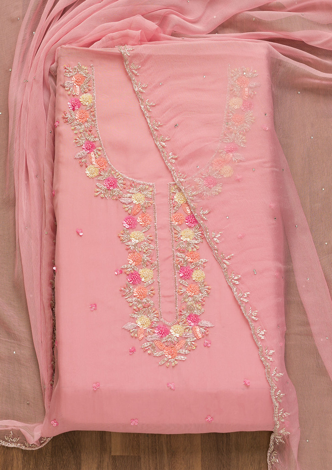 Pink Sequins Organza Unstitched Salwar Suit-Koskii