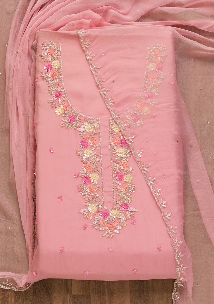 Pink Sequins Organza Unstitched Salwar Suit-Koskii