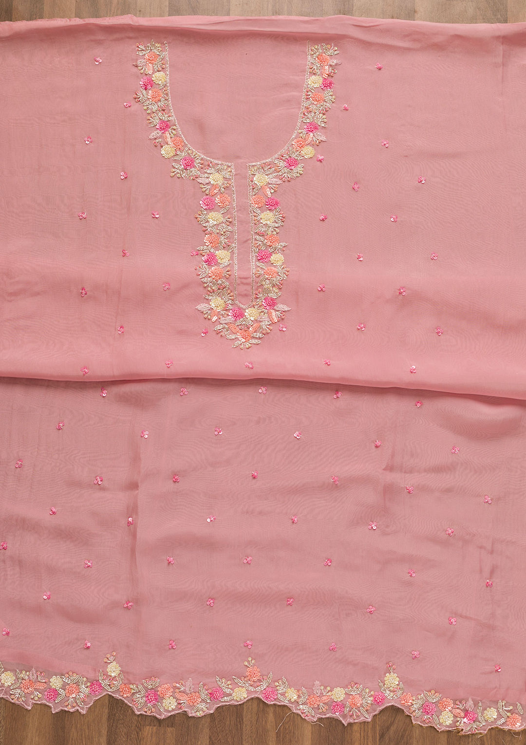 Pink Sequins Organza Unstitched Salwar Suit-Koskii