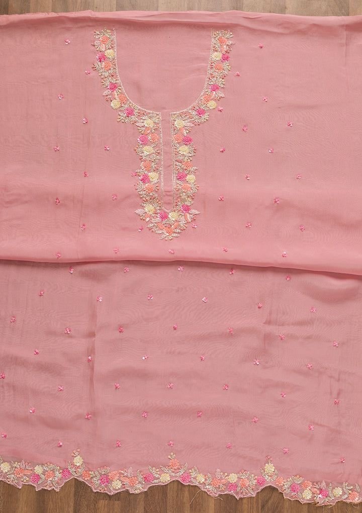 Pink Sequins Organza Unstitched Salwar Suit-Koskii