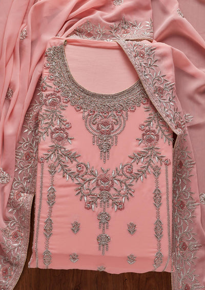 Pink Silver Stonework Georgette Designer Unstitched Salwar Suit - koskii