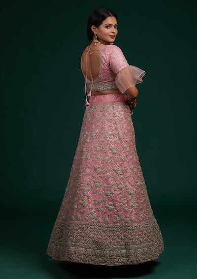 Pink Silver Stonework Net Designer Lehenga-Koskii
