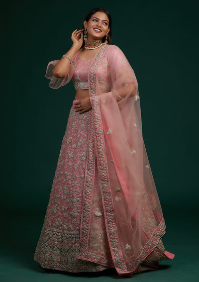 Pink Silver Stonework Net Designer Lehenga-Koskii