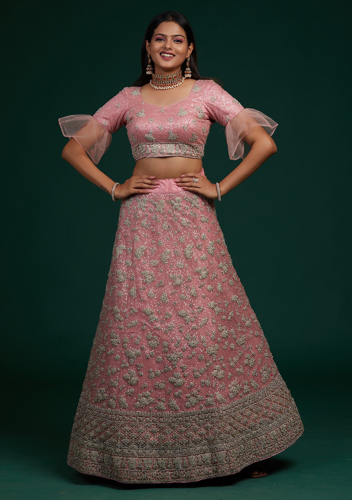 Pink Silver Stonework Net Designer Lehenga-Koskii