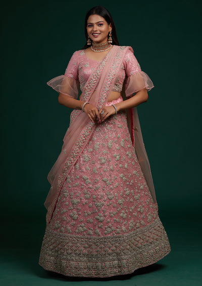 Pink Silver Stonework Net Designer Lehenga-Koskii