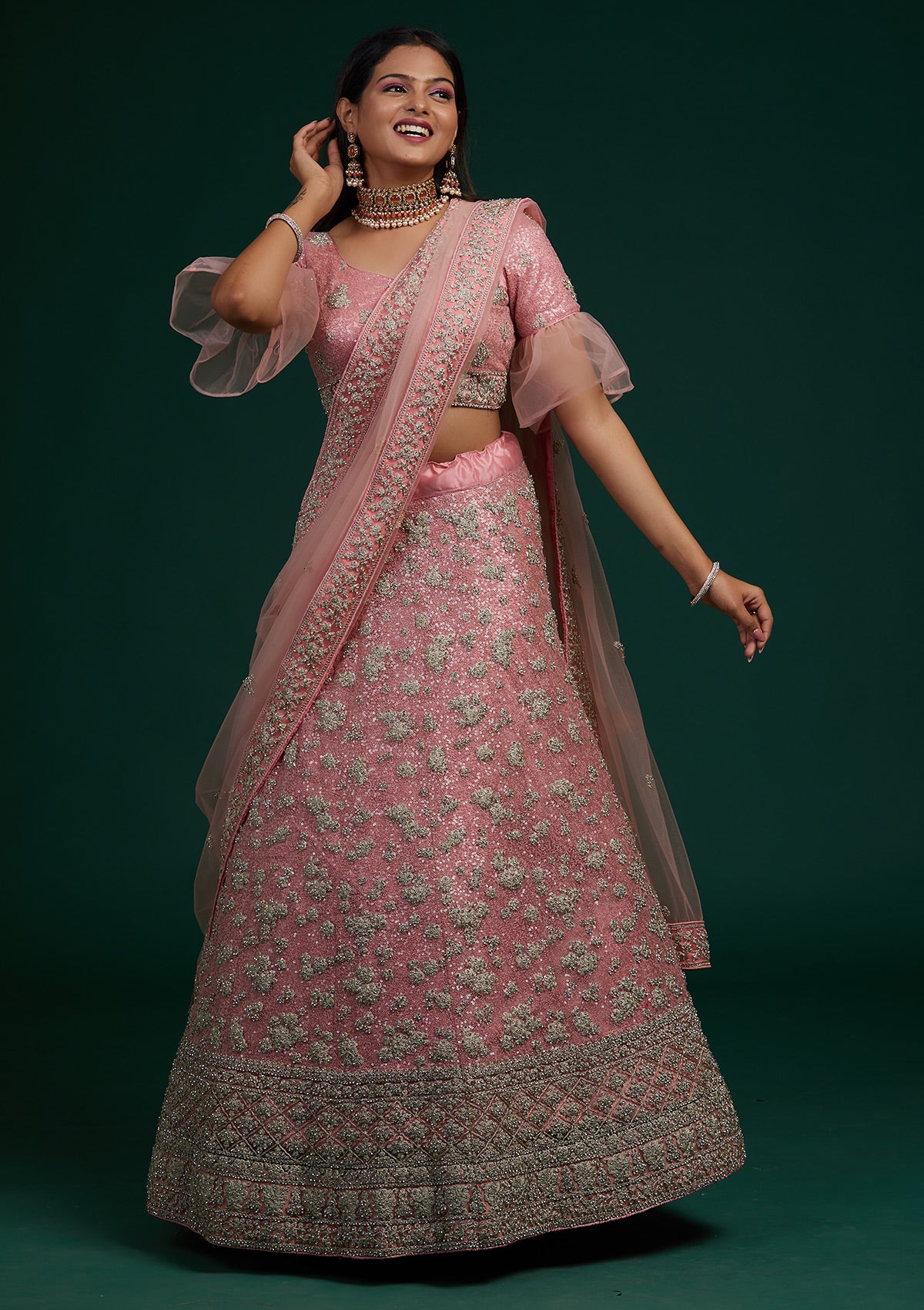 Pink Silver Stonework Net Designer Lehenga-Koskii